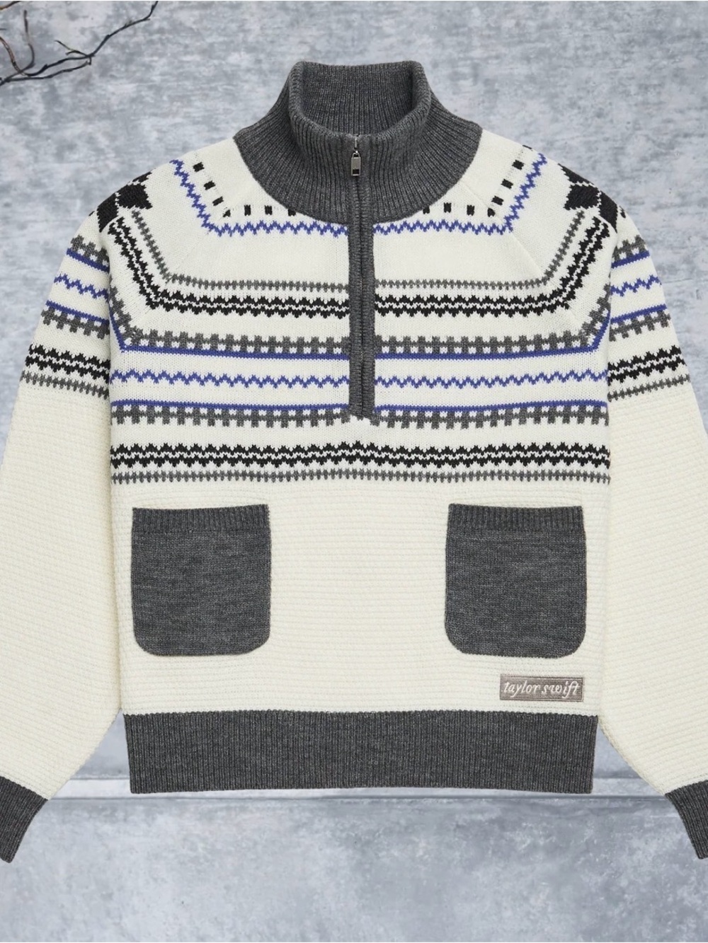 Taylor Swift Cream, Gray & Blue Zip-Up Patterned Sweater